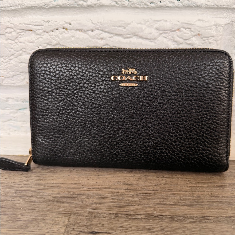 Coach Black Pebbled Leather Zip Clutch with Gold Logo